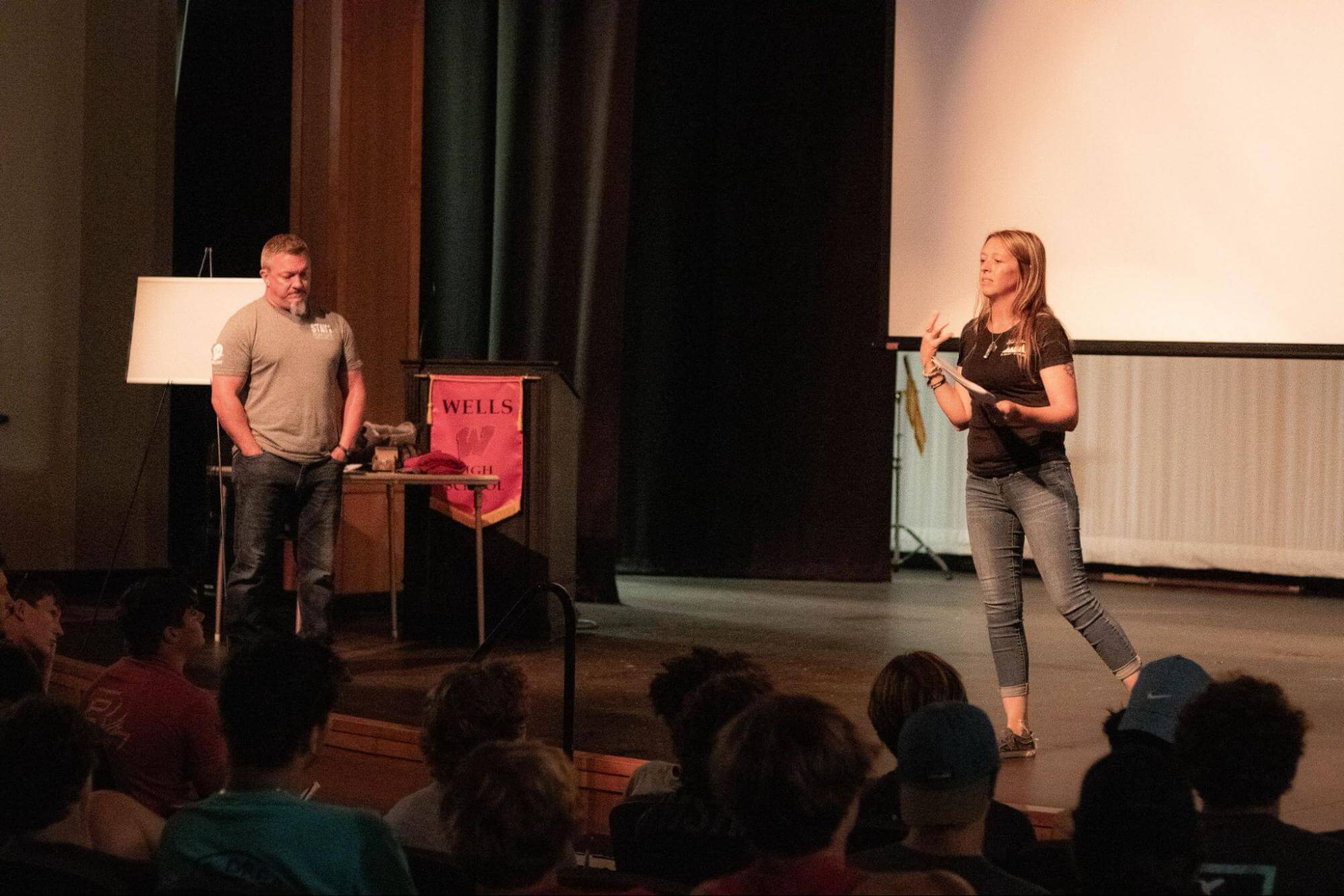 Angela and Donnie from Stay; For Life presenting at a school collaboration with Wells High School